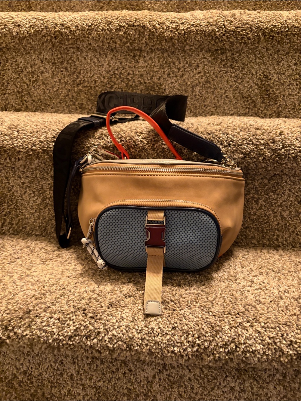 Steve Madden Men's Two-Tone Belt Bag in Tan and Light Blue with Orange Handle